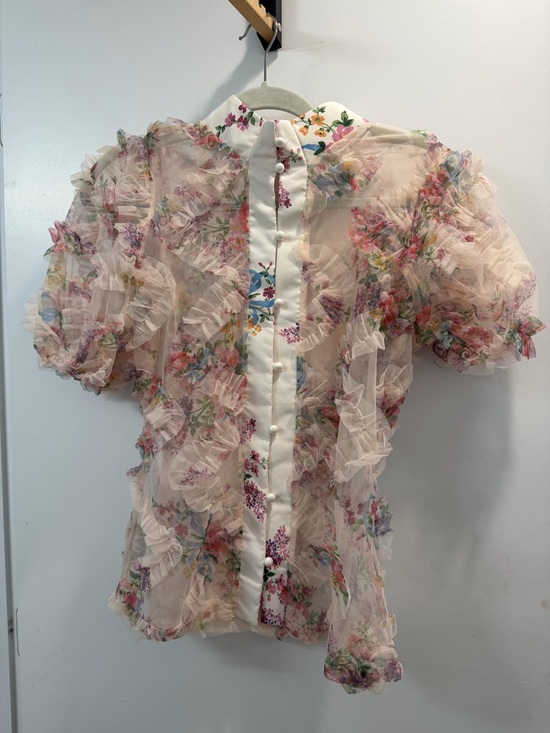 Tops - NWOT Sheer Floral Ruffle Button-Front Blouse in Light Pink